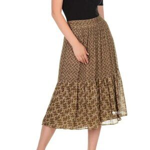 Massimo Dutti Viscose Wool Blend Floral Print Midi Skirt Olive Green Women's S